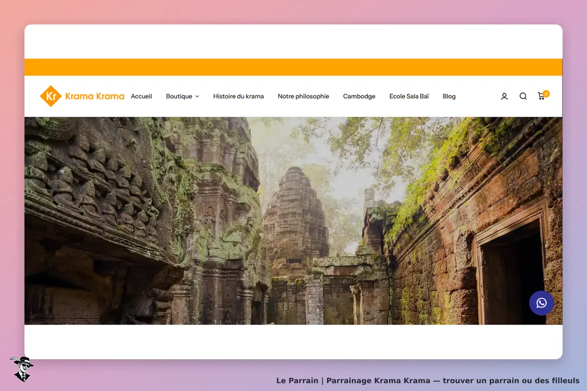Krama Krama : page d'accueil avec une image de temples anciens et végétation luxuriante