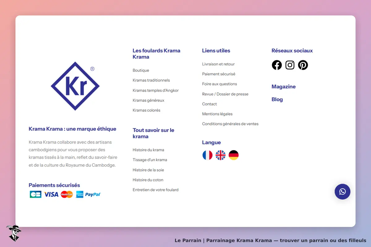 Krama Krama : page d'accueil présentant la marque et les liens vers les produits et informations