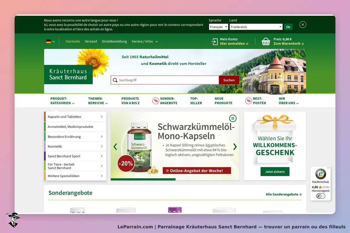 Kräuterhaus Sanct Bernhard : page d'accueil avec catégories de produits et promotion d'un produit