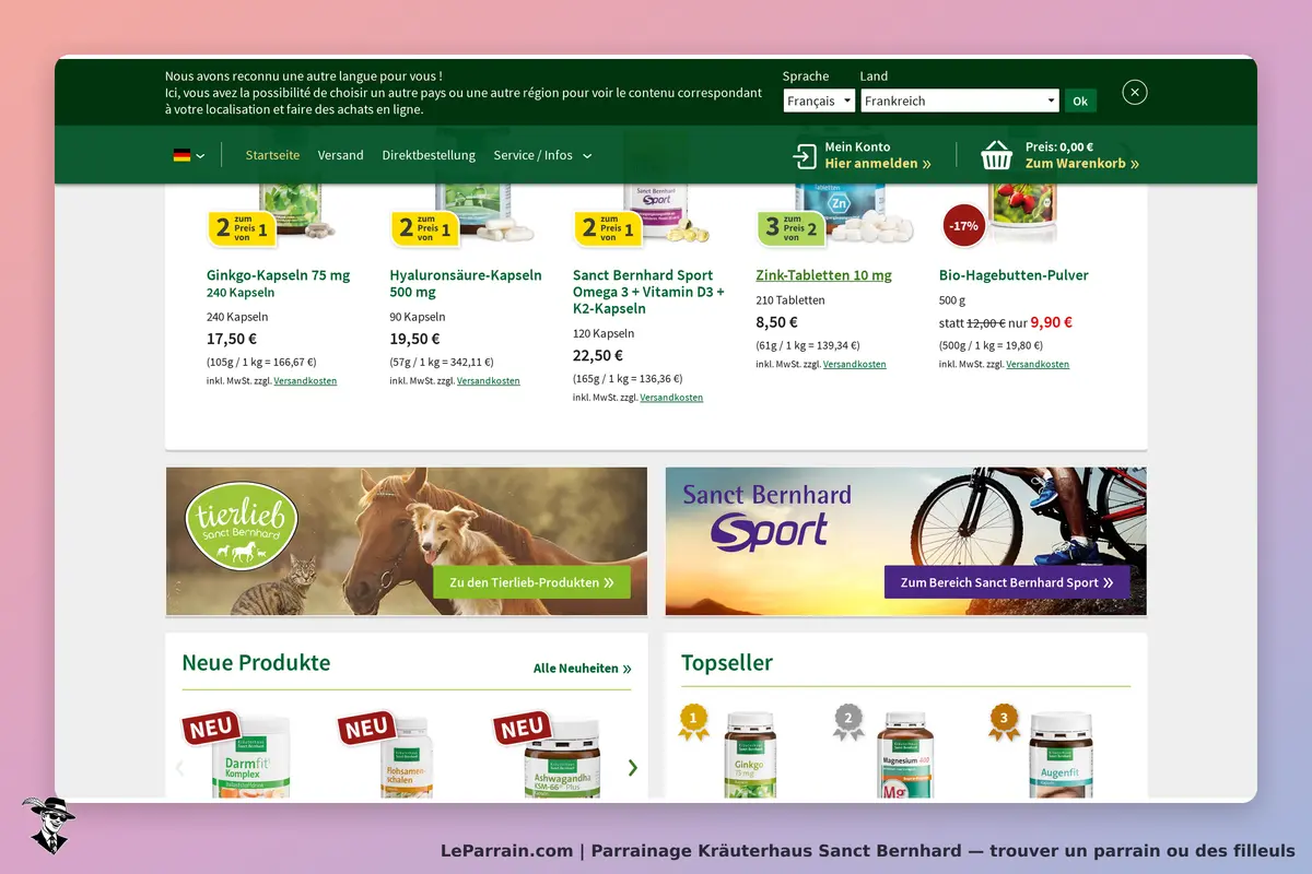 Kräuterhaus Sanct Bernhard : page d'accueil avec produits et catégories affichés en vedette