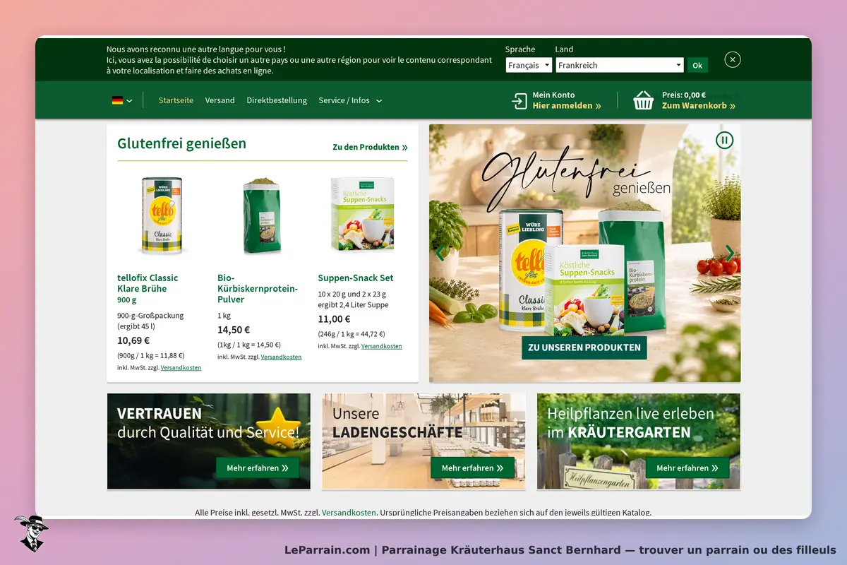 Kräuterhaus Sanct Bernhard : page d'accueil avec produits sans gluten et informations de service