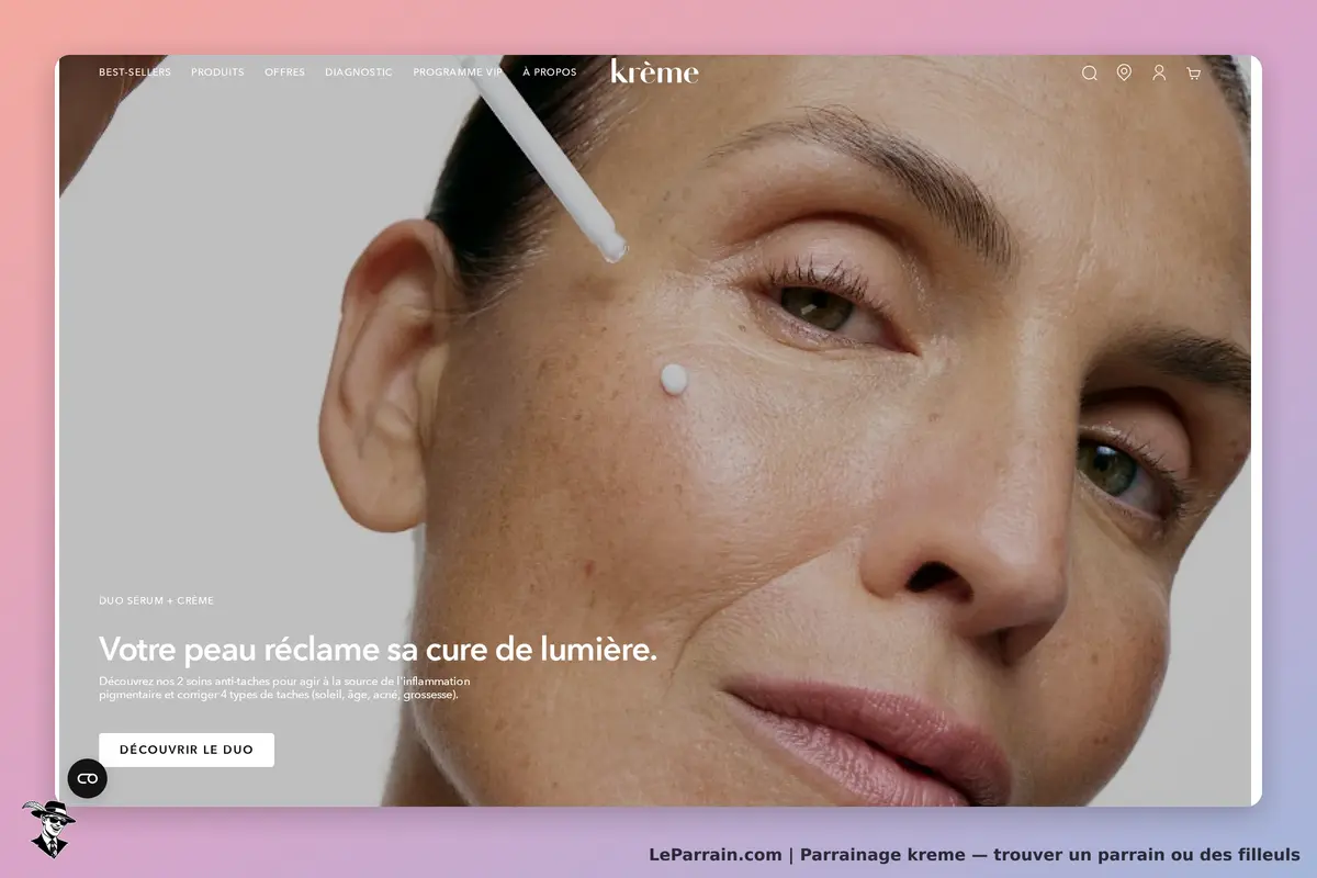 kreme : krème : femme appliquant un soin sur son visage, texte sur les bienfaits d'un duo de soins