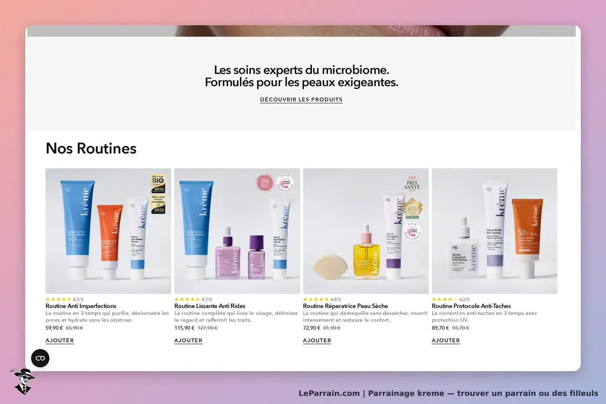 kreme : page d'accueil avec plusieurs routines de soins et produits cosmétiques affichés