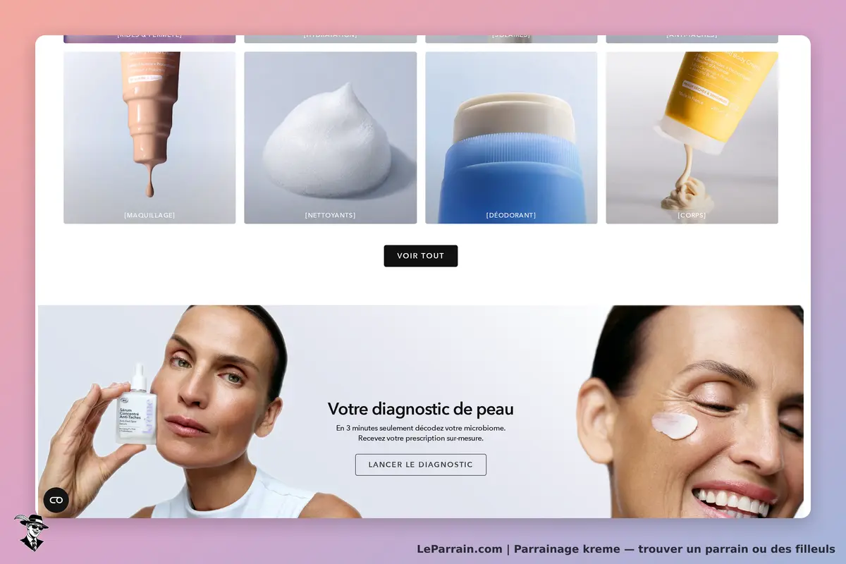 kreme : page d'accueil avec produits de beauté et diagnostic de peau par un utilisateur