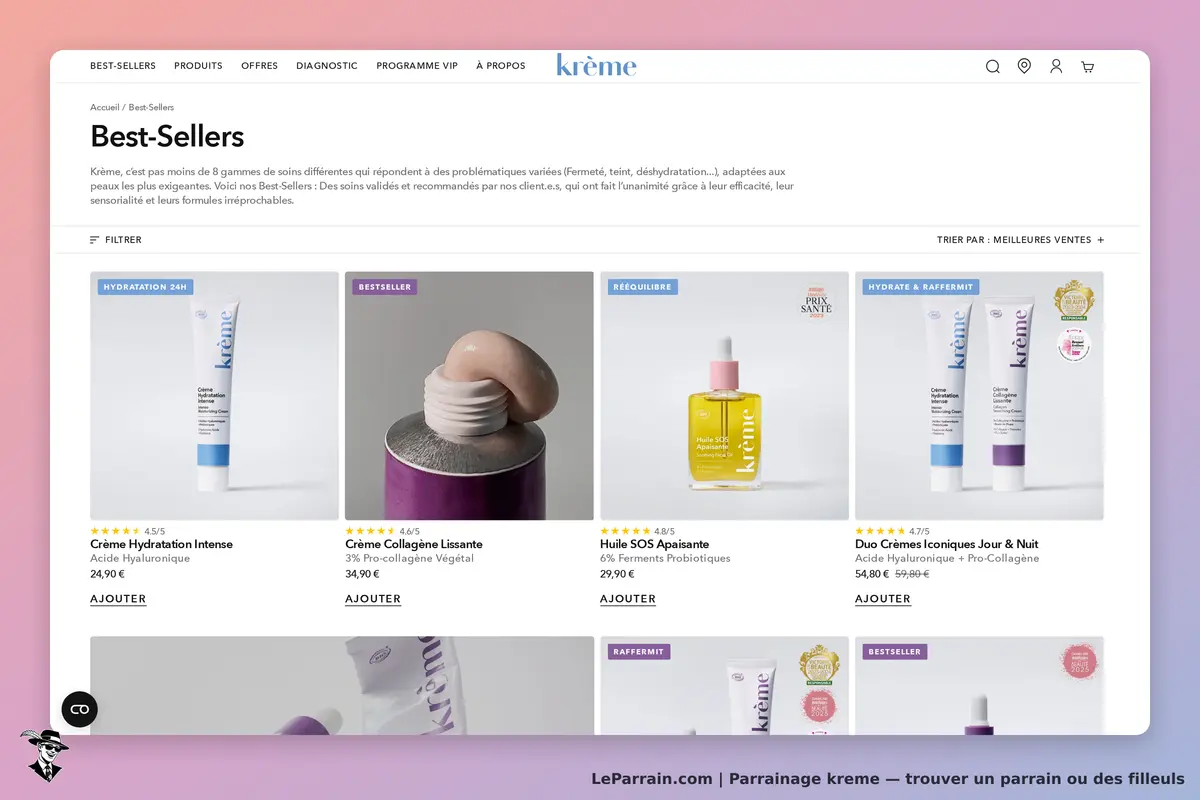 kreme : krème : page des best-sellers avec divers produits de soin et leurs évaluations étoilées