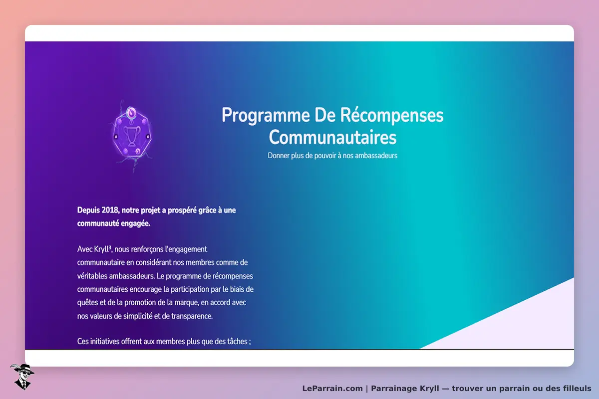 Kryll : page présentant le programme de récompenses communautaires et son engagement