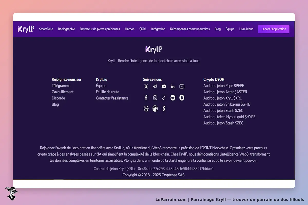 Kryll : page d'accueil avec des liens vers des ressources et des réseaux sociaux