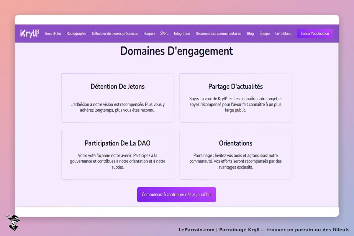 Kryll : page présentant les domaines d'engagement avec quatre sections explicatives