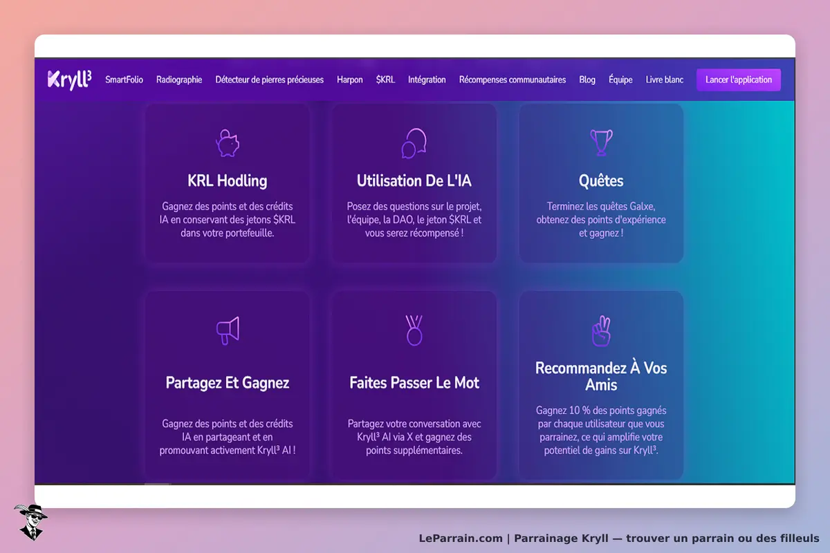 Kryll : page d'accueil avec des options et fonctionnalités présentées sous forme de cartes