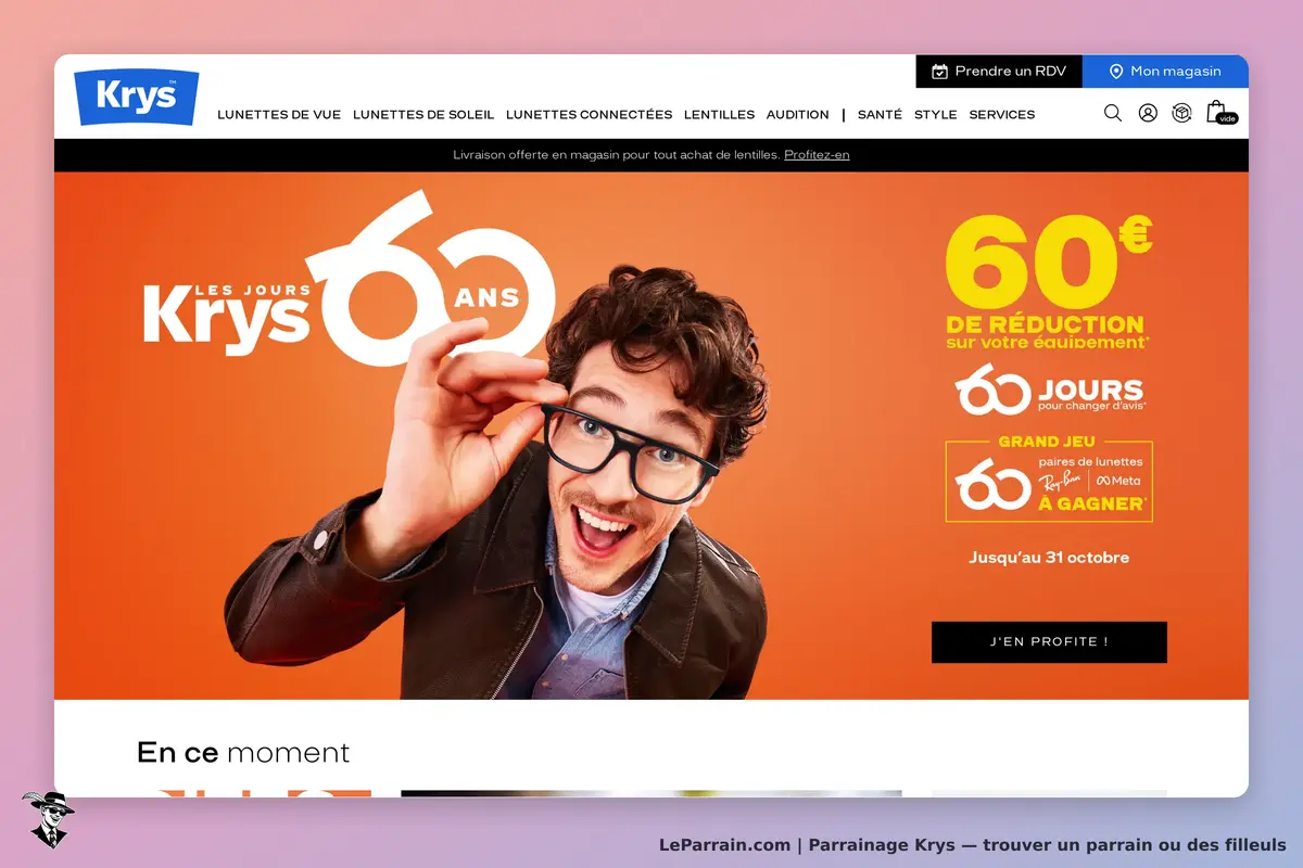 Krys : page d'accueil avec un homme souriant portant des lunettes sur fond orange