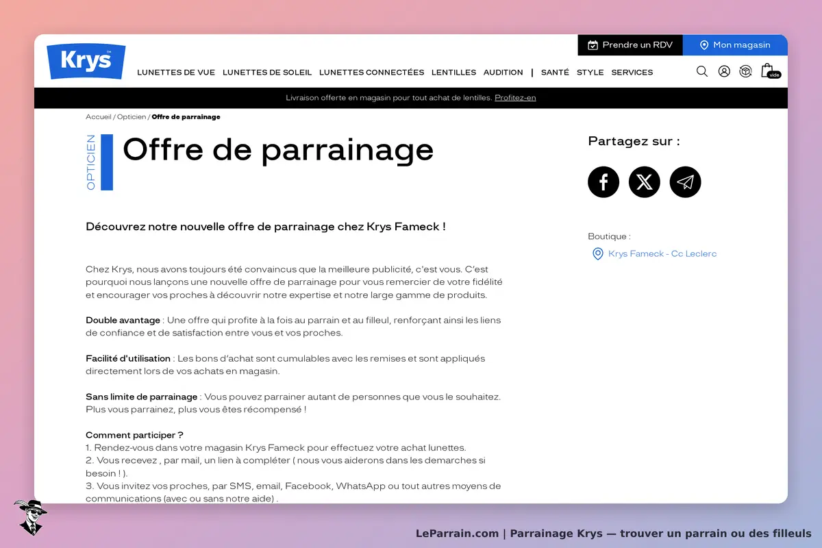 Krys : page dédiée à l'offre de parrainage avec informations et options de partage