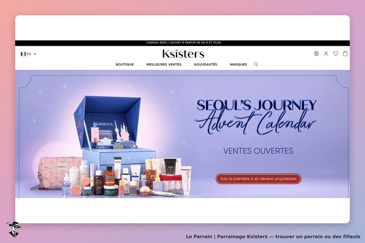 Ksisters : calendrier de l'Avent avec produits de beauté sur fond violet et boîte ouverte