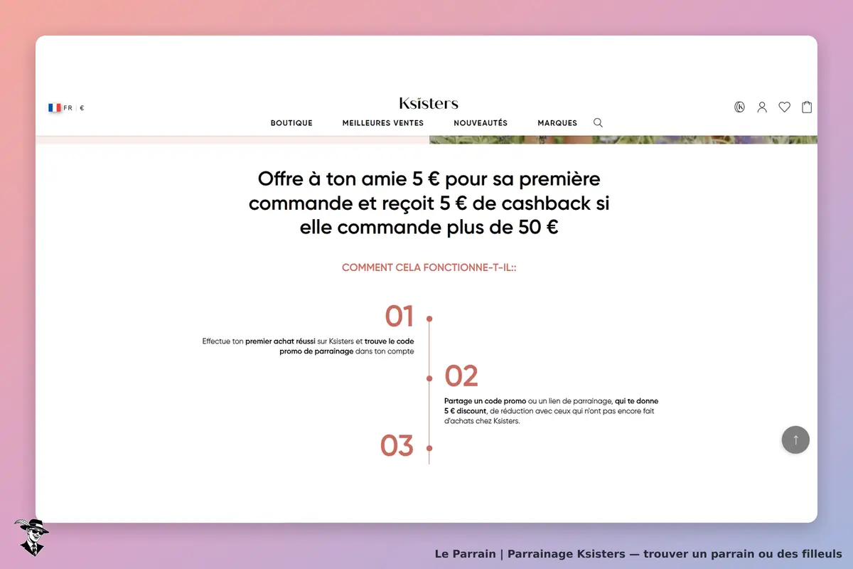 Ksisters : page d'accueil présentant une offre de parrainage avec étapes explicatives