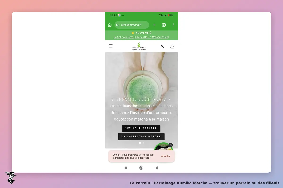 Kumiko Matcha : page d'accueil présentant un bol de matcha et un texte d'introduction