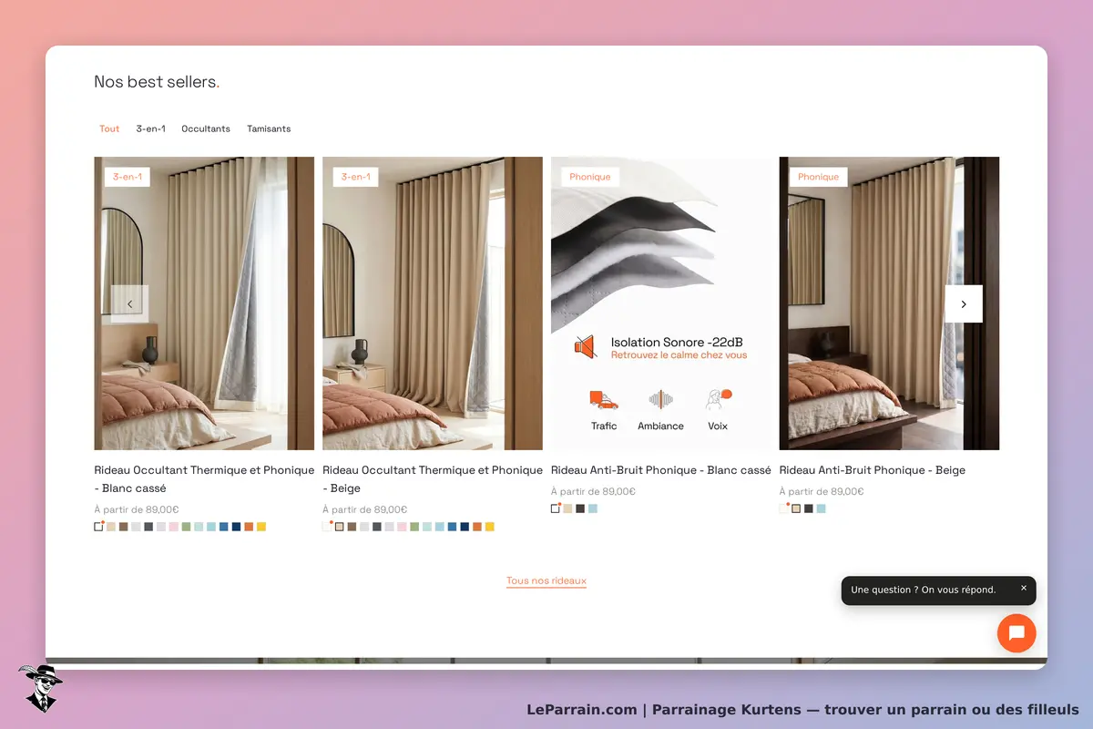 Kurtens : affichage des best sellers avec rideaux et informations sur l'isolation sonore