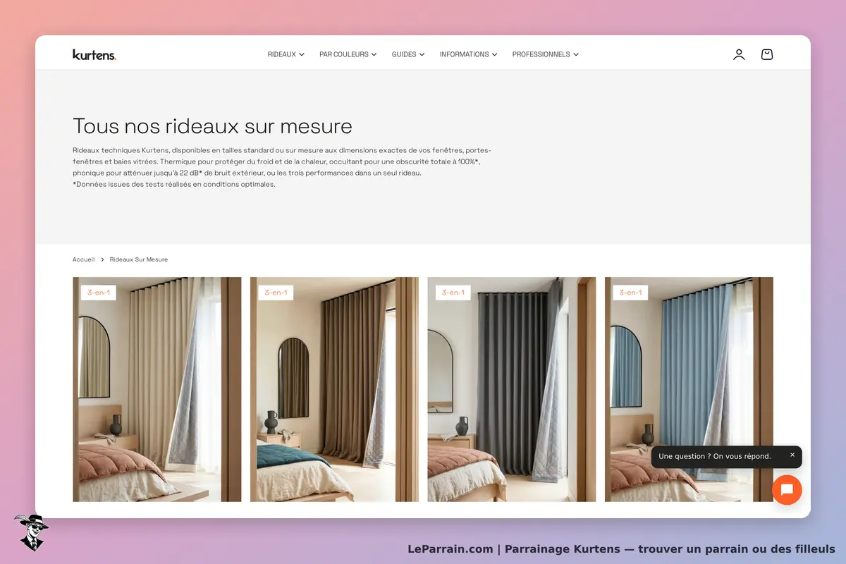 Kurtens : page présentant des rideaux sur mesure avec plusieurs modèles en exposition