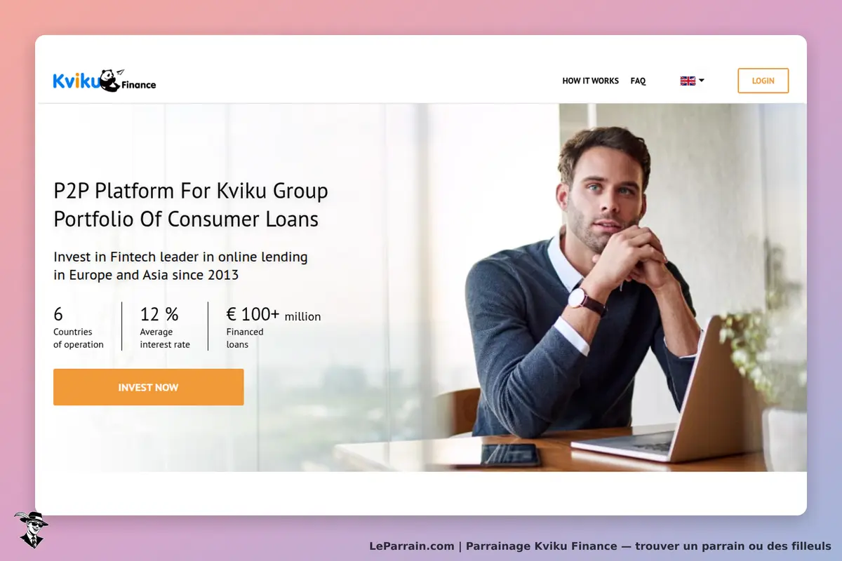 Kviku Finance : page d'accueil présentant une plateforme de prêts avec un homme pensif devant un