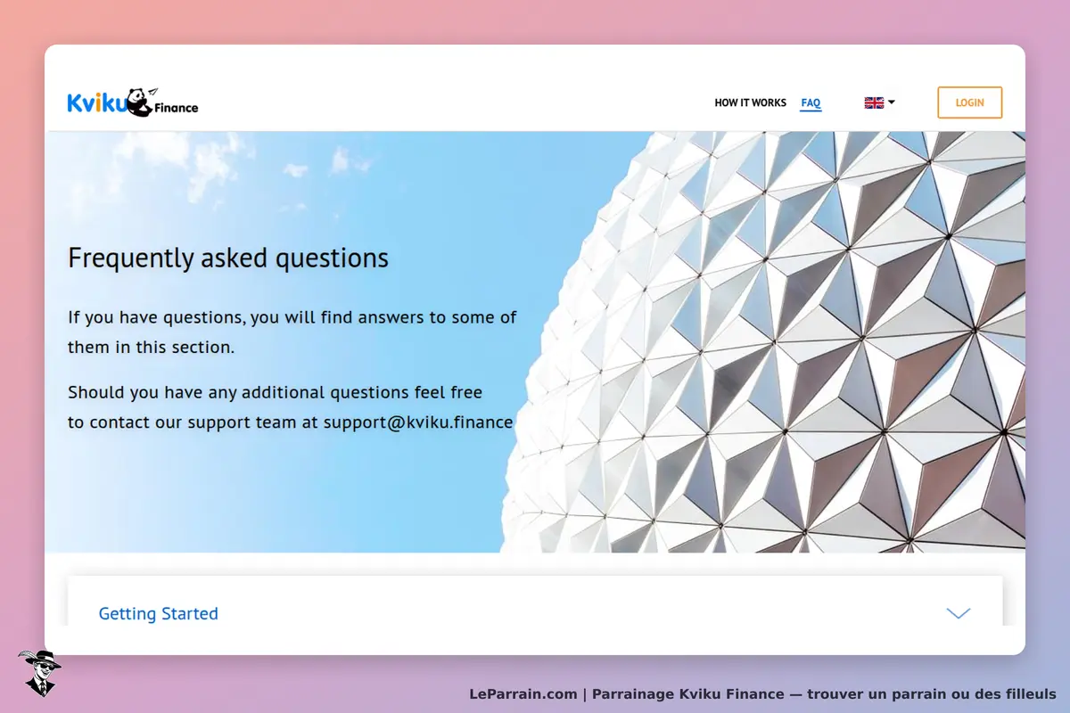 Kviku Finance : section FAQ avec texte explicatif et bouton "Getting Started" en bas