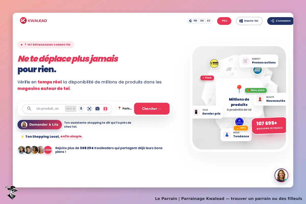 Kwalead : page d'accueil avec barre de recherche et informations sur les magasins connectés