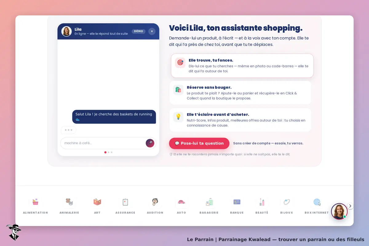 Kwalead : interface d'assistance shopping avec chat et options de recherche de produits