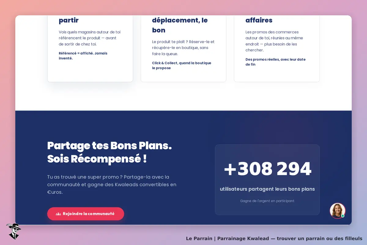 Kwalead : page d'accueil présentant des sections sur les bons plans et une communauté