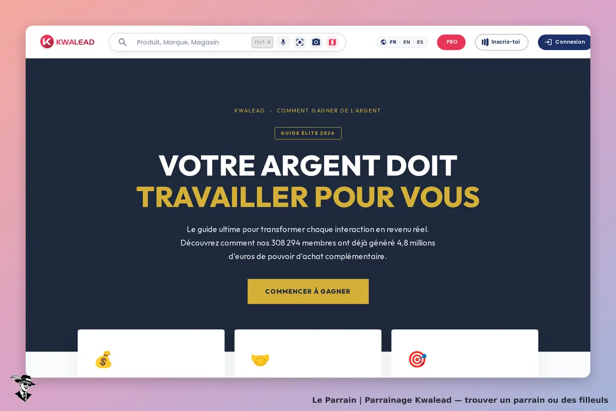 Kwalead : page d'accueil avec un slogan et un bouton pour commencer à gagner de l'argent