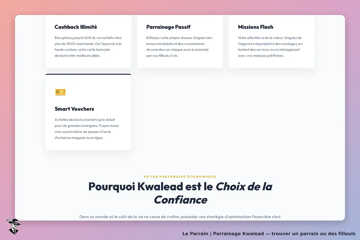 Kwalead : présentation des services avec quatre sections sur la page d'accueil