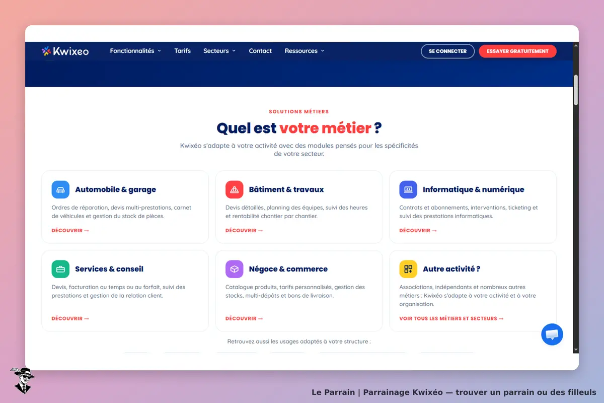 Kwixéo : page d'accueil présentant des solutions métiers et différents secteurs d'activité