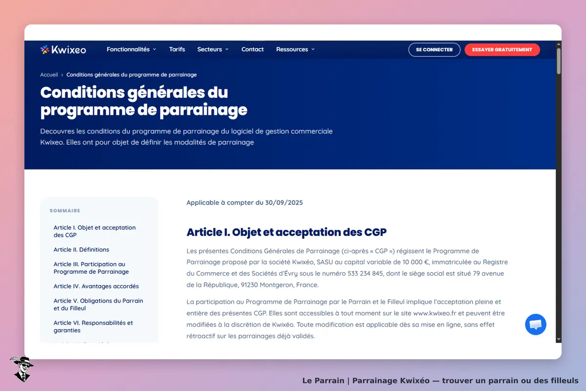 Kwixéo : conditions générales du programme de parrainage sur fond bleu avec sommaire à gauche