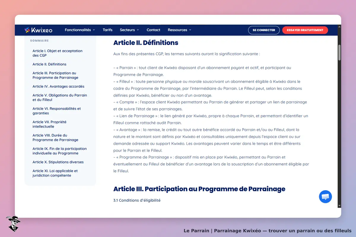 Kwixéo : page présentant les définitions liées au programme de parrainage et articles associés