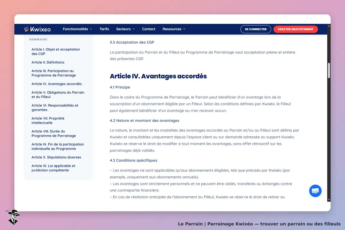 Kwixéo : page d'accueil présentant des articles sur le programme de parrainage