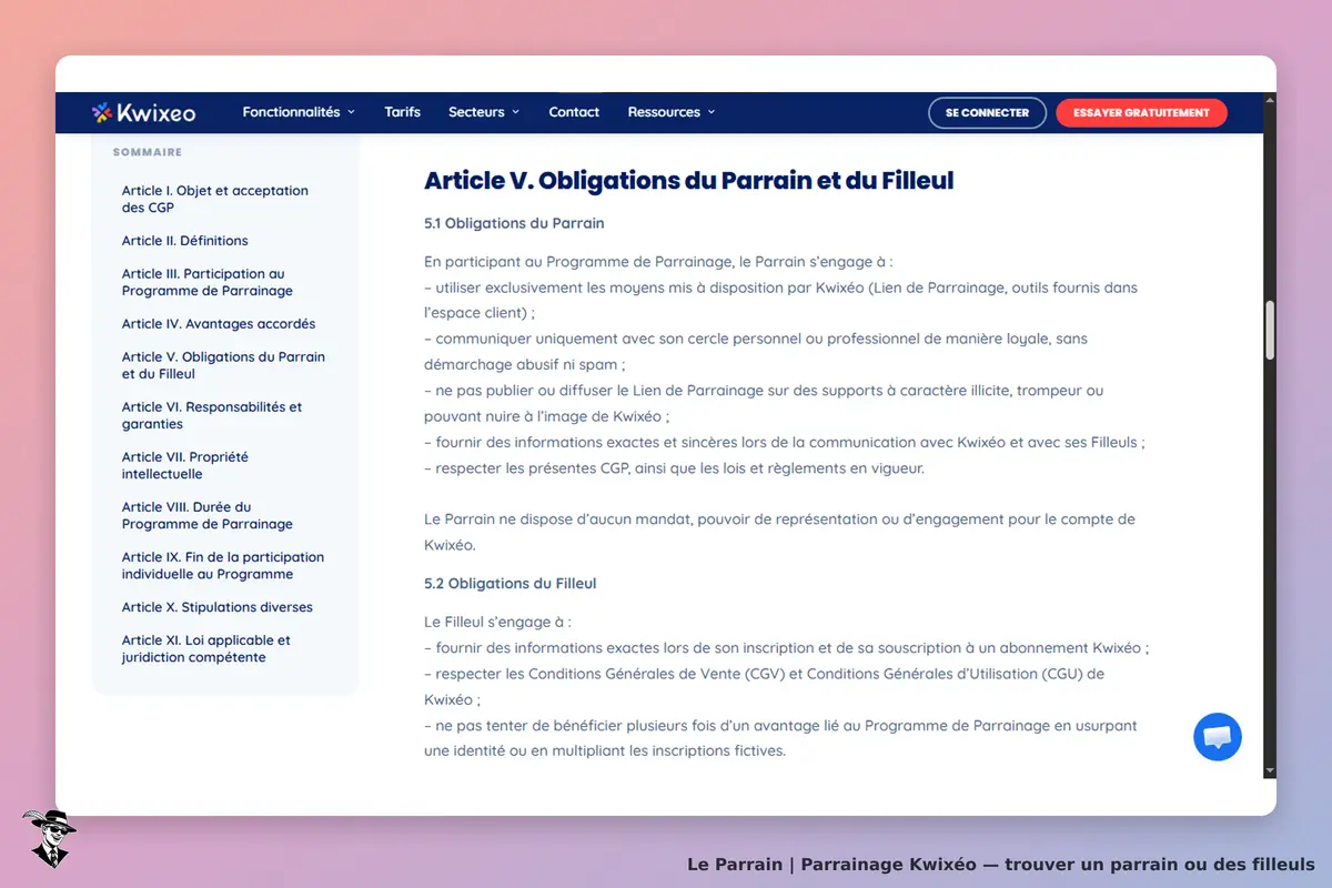 Kwixéo : page présentant les obligations du parrain et du filleul dans le programme de parrainage