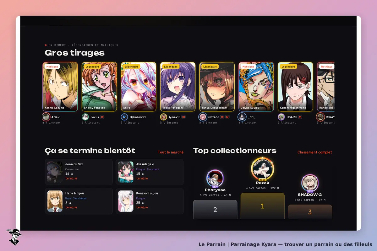 Kyara : derniers tirages de cartes rares, marché et classement des collectionneurs.