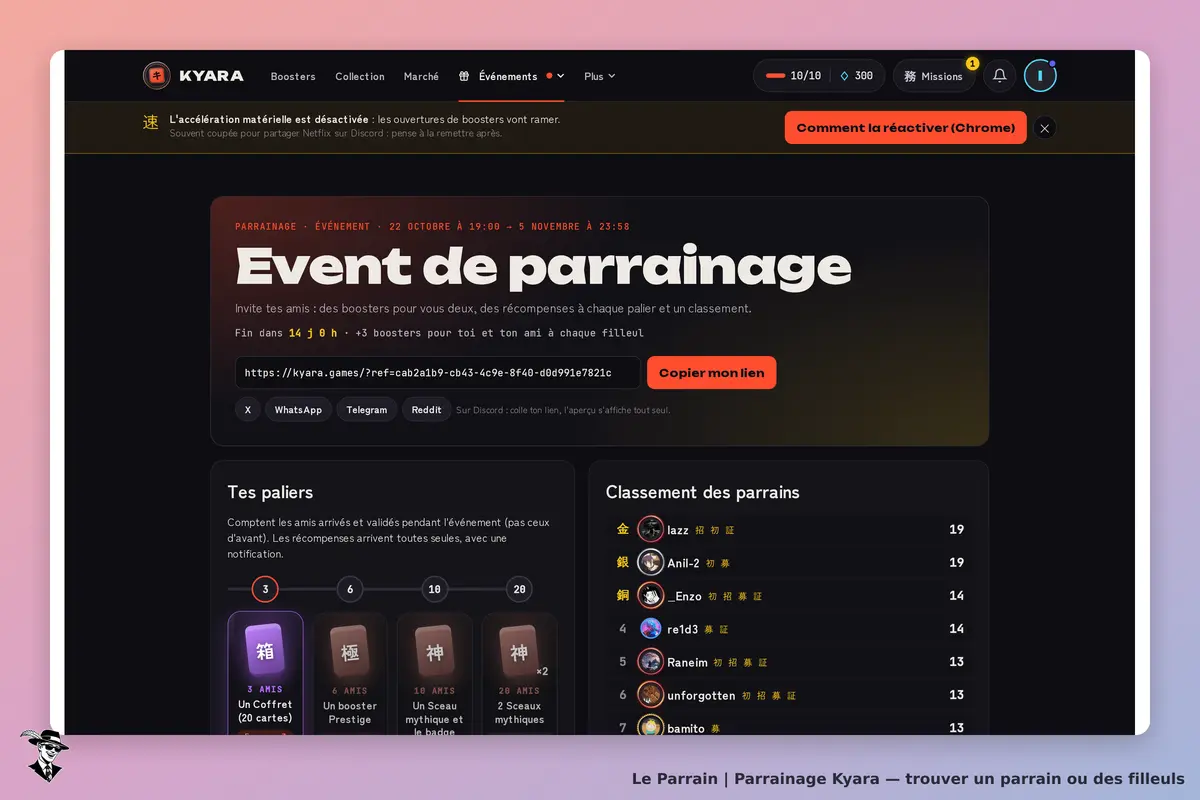 Événement de parrainage Kyara du 22 octobre au 5 novembre 2026 : 3 boosters chacun et récompenses par palier.