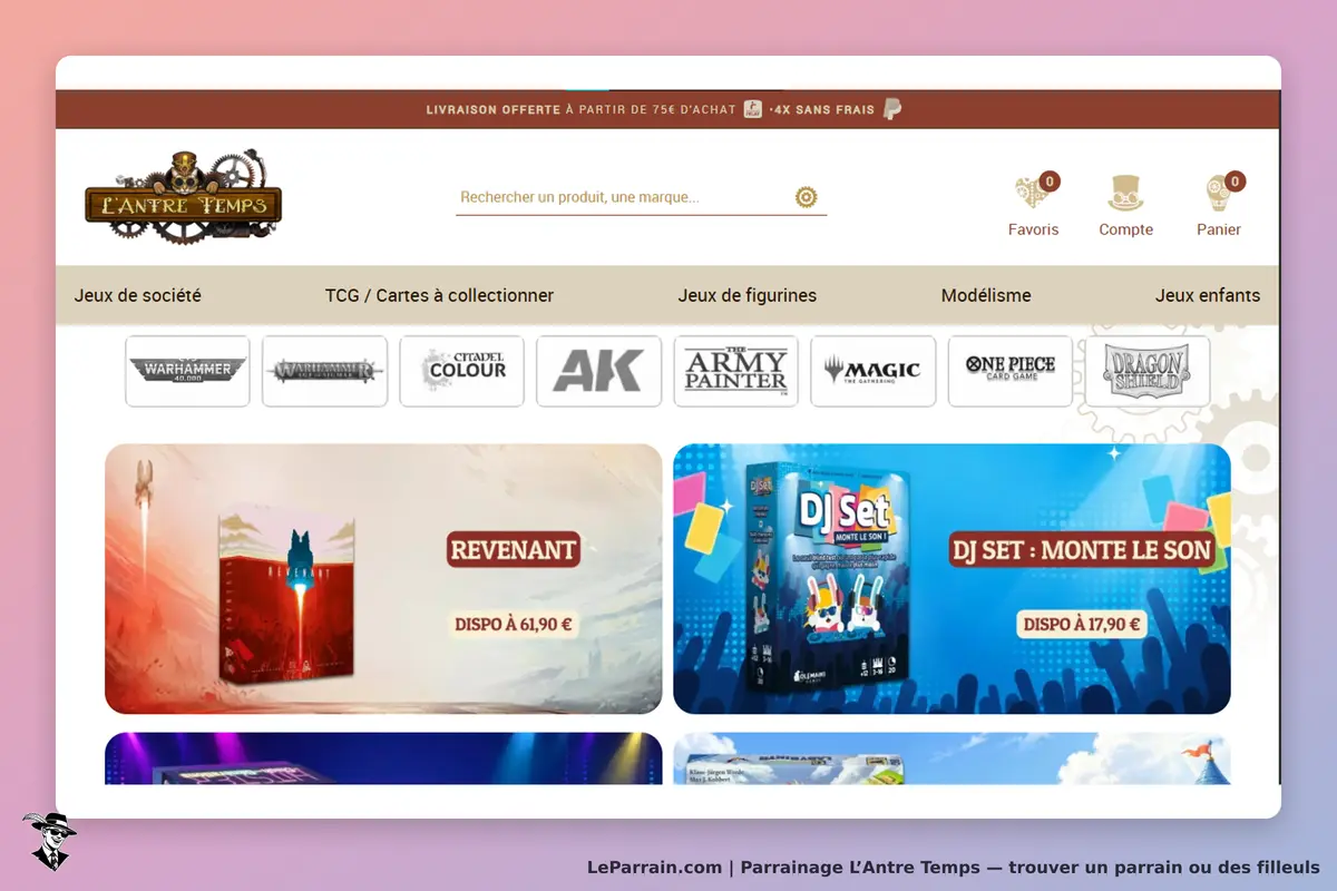 L’Antre Temps : page d'accueil avec catégories de jeux et produits affichés en vedette