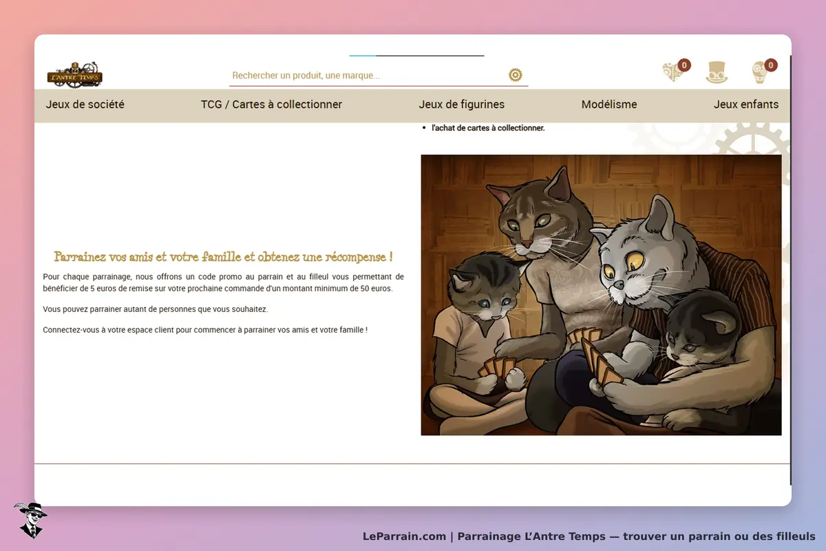 L’Antre Temps : page d'accueil avec illustration de chats jouant à un jeu de cartes