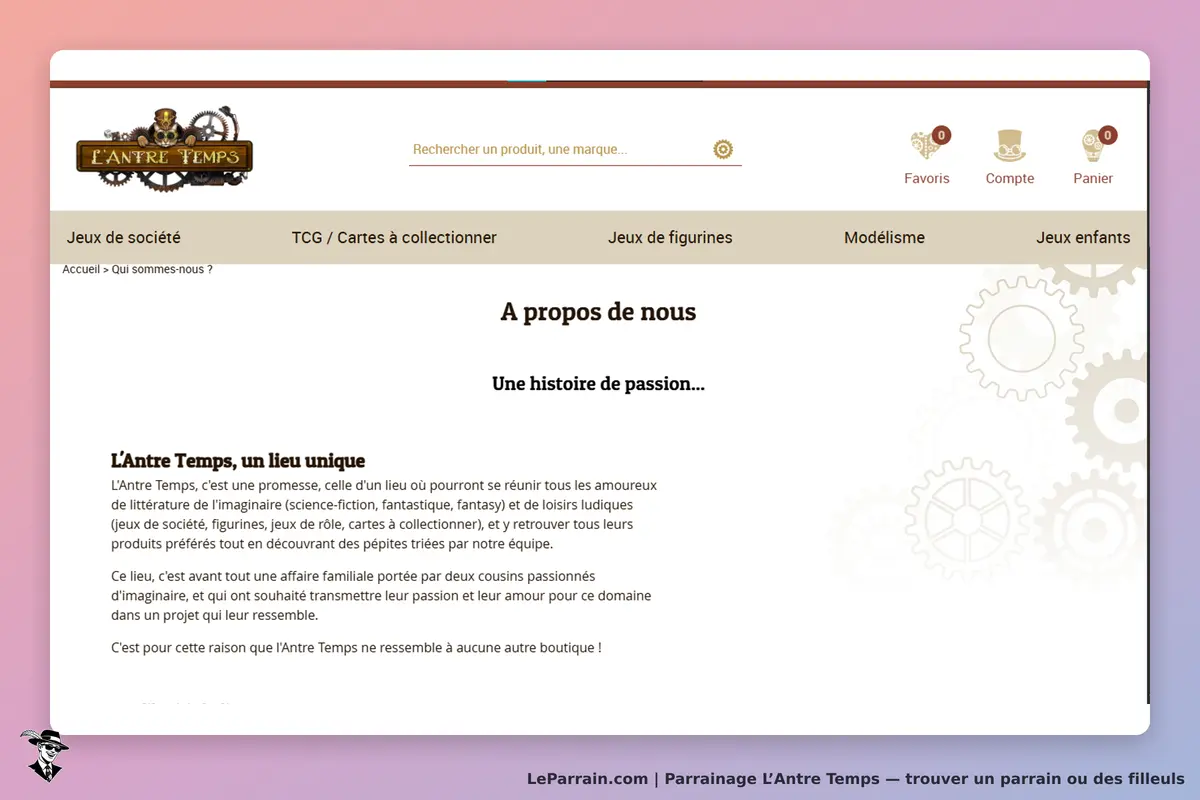 L’Antre Temps : page "À propos de nous" présentant l'histoire et la mission de la boutique
