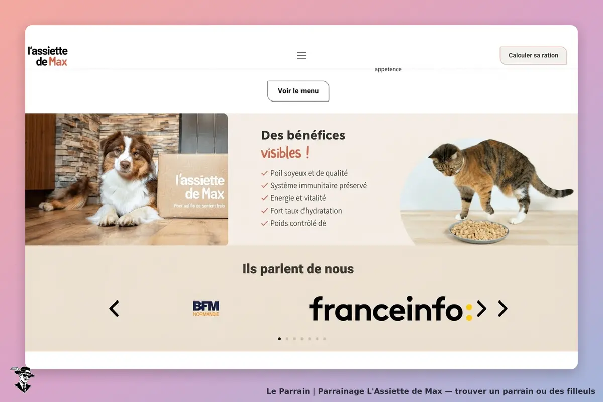 L'Assiette de Max : un chien et un chat avec des croquettes sur la page d'accueil du site