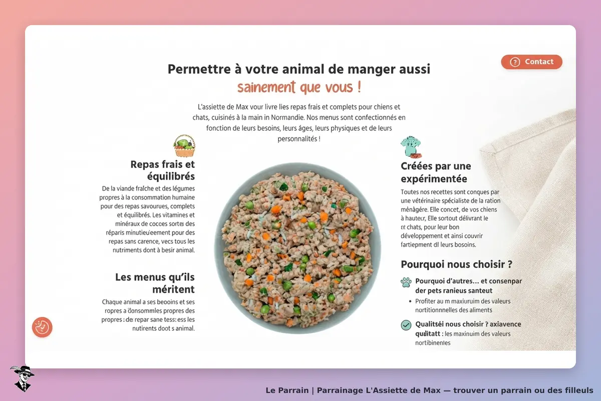 L'Assiette de Max : présentation d'un repas pour animaux avec texte explicatif à côté