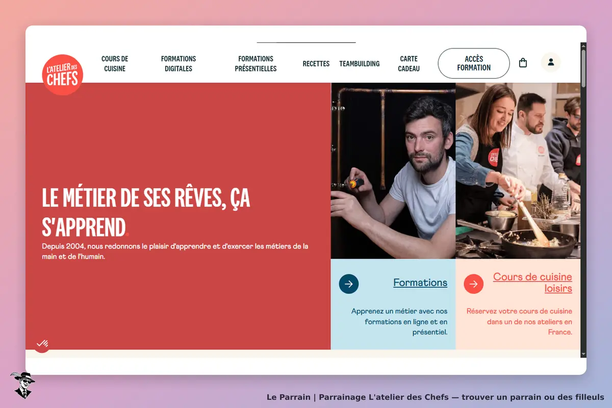 L'atelier des Chefs : page d'accueil avec texte sur les formations et images de cours de cuisine