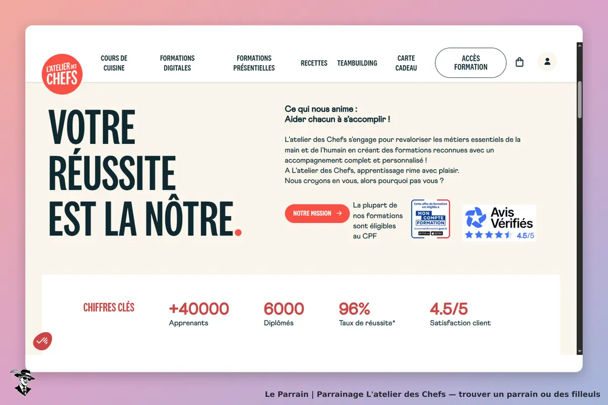 L'atelier des Chefs : page d'accueil avec slogan et chiffres clés sur les formations