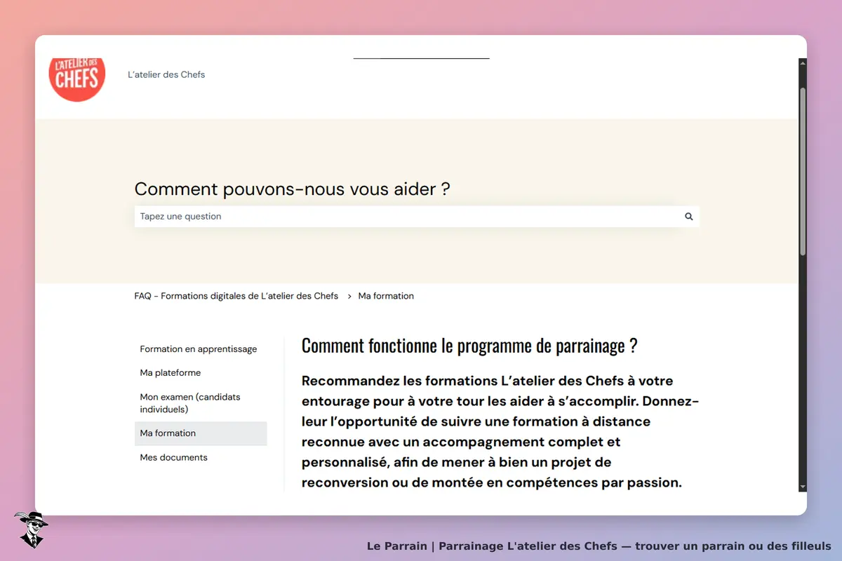 L'atelier des Chefs : page d'accueil avec une FAQ et un champ de recherche en haut