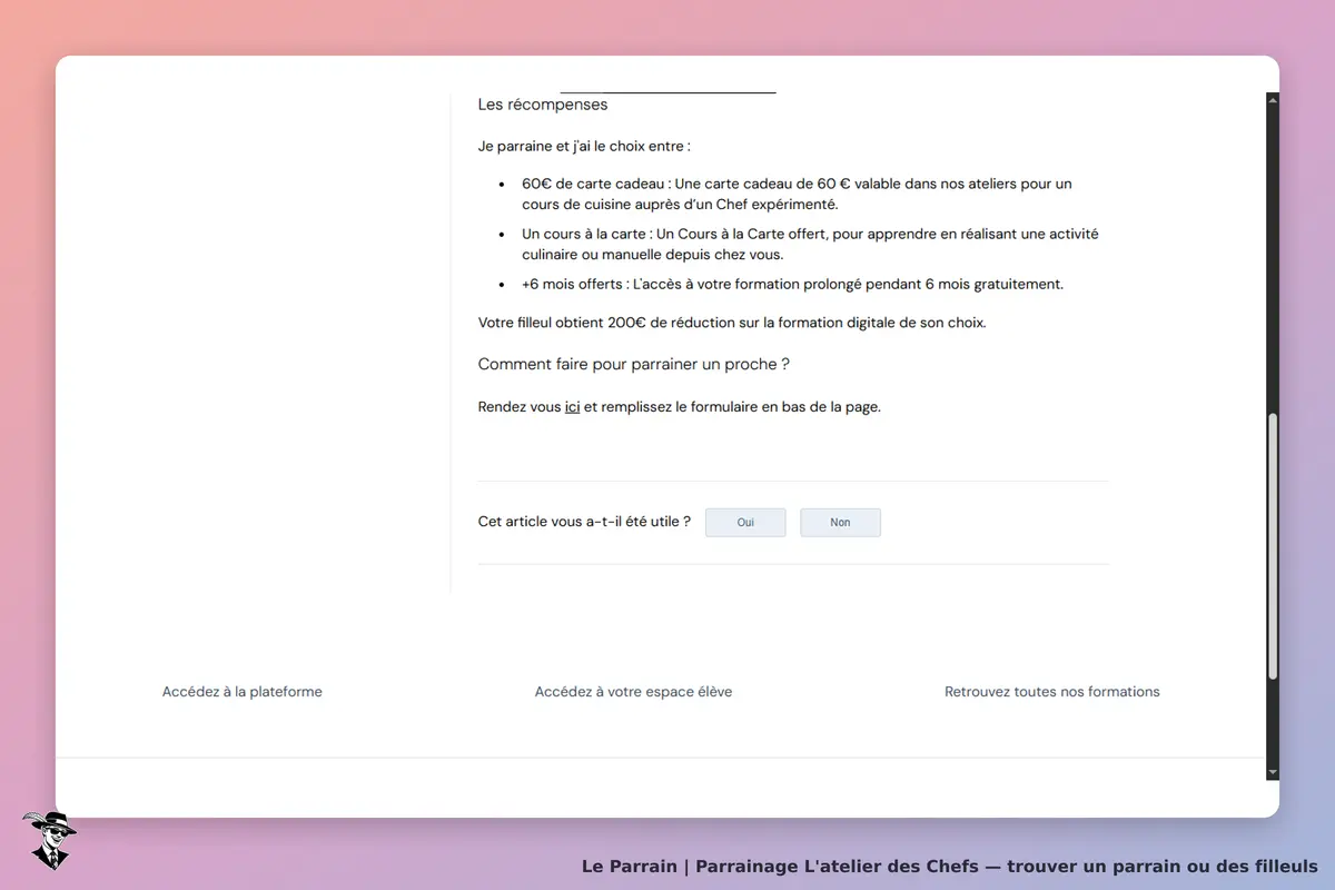 L'atelier des Chefs : section sur les récompenses pour le parrainage et formulaire en bas de page