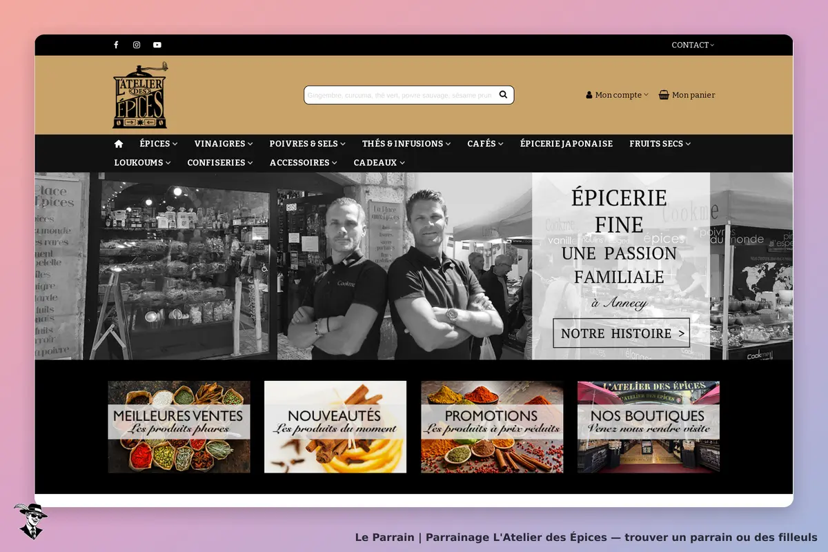 L'Atelier des Épices : page d'accueil avec des produits et deux hommes devant une épicerie