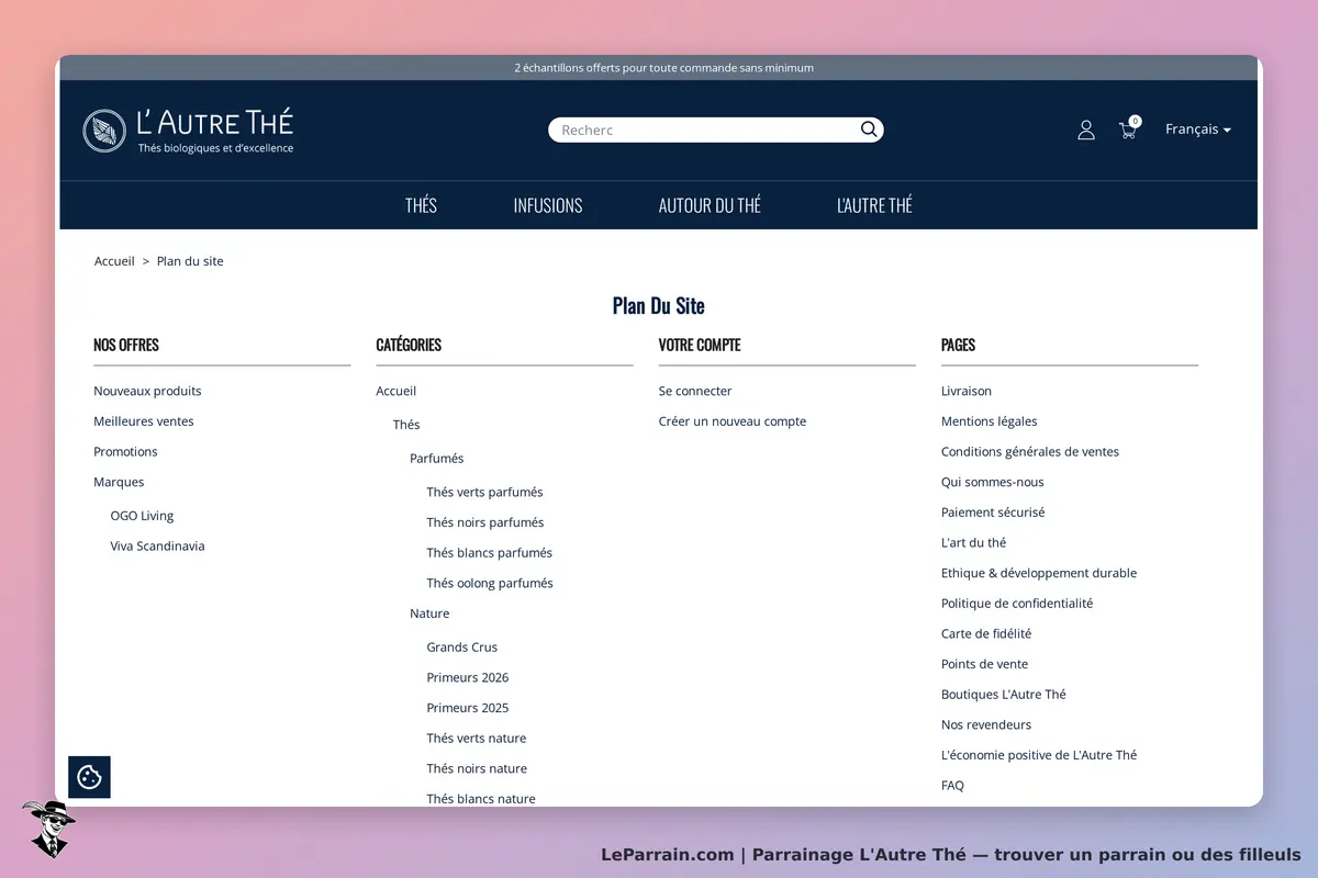 L'Autre Thé : plan du site avec catégories et options de compte en navigation