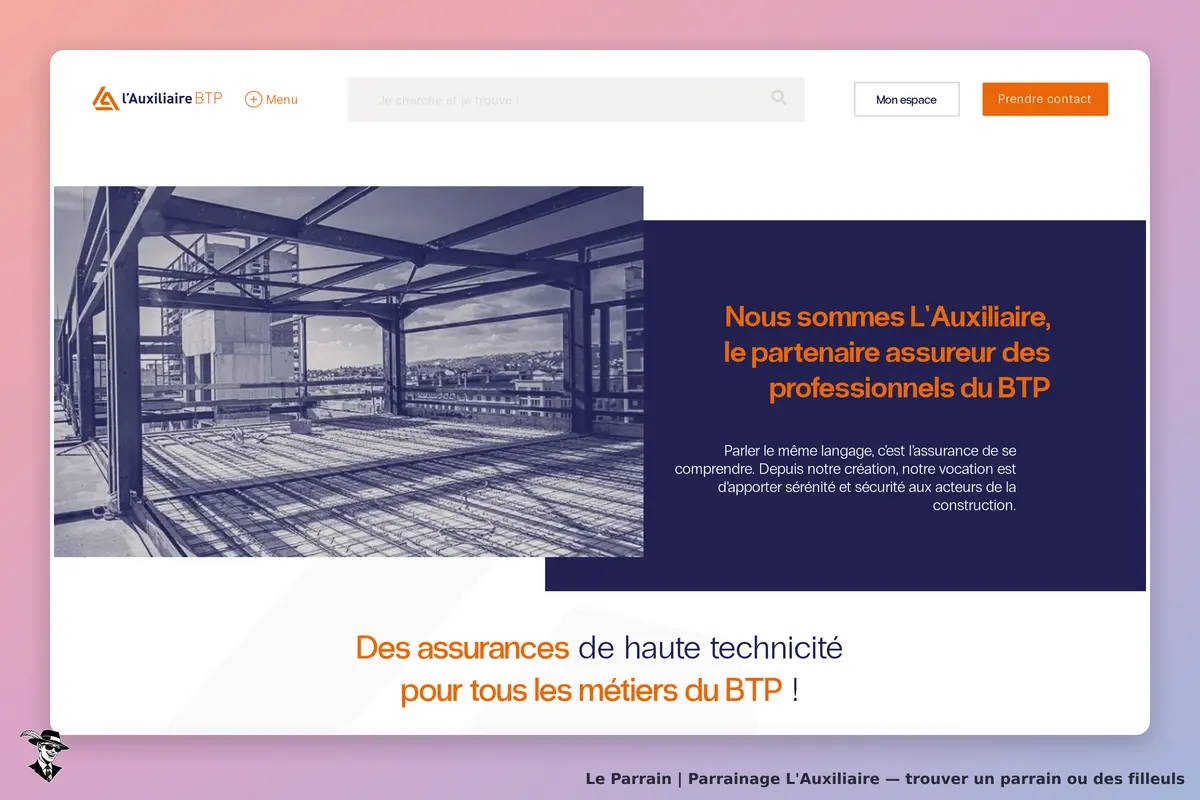 L'Auxiliaire : page d'accueil présentant des services d'assurance pour le secteur du BTP
