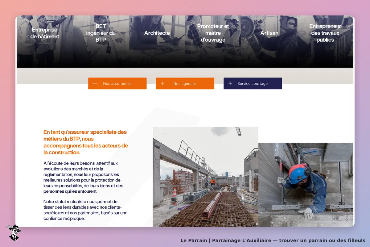 L'Auxiliaire : page d'accueil présentant des services pour le secteur du BTP et des images de