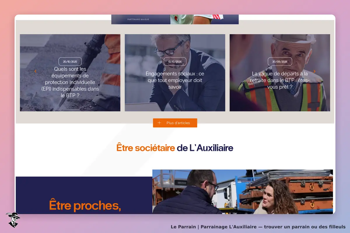 L'Auxiliaire : page d'accueil avec articles sur le BTP et engagement social, images de travailleurs
