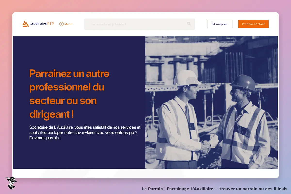 L'Auxiliaire : page d'accueil avec professionnels en chantier se serrant la main
