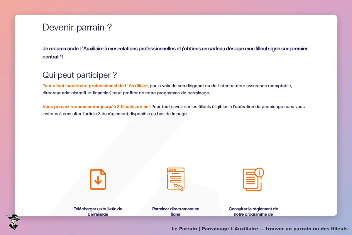 L'Auxiliaire : section sur le parrainage avec options et informations pour devenir parrain
